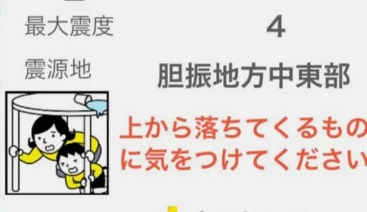 緊急地震速報。北海道胆振地方中東部で震度4の地震発生。津波の心配は？震源地は？